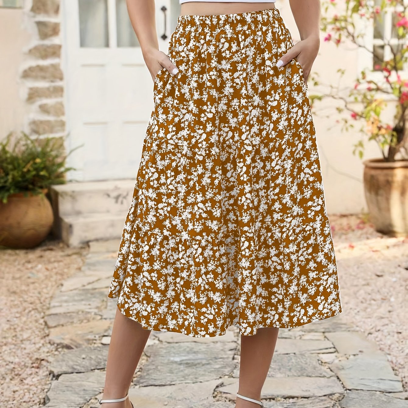 Floral Print Elastic Waist Midi Skirt,