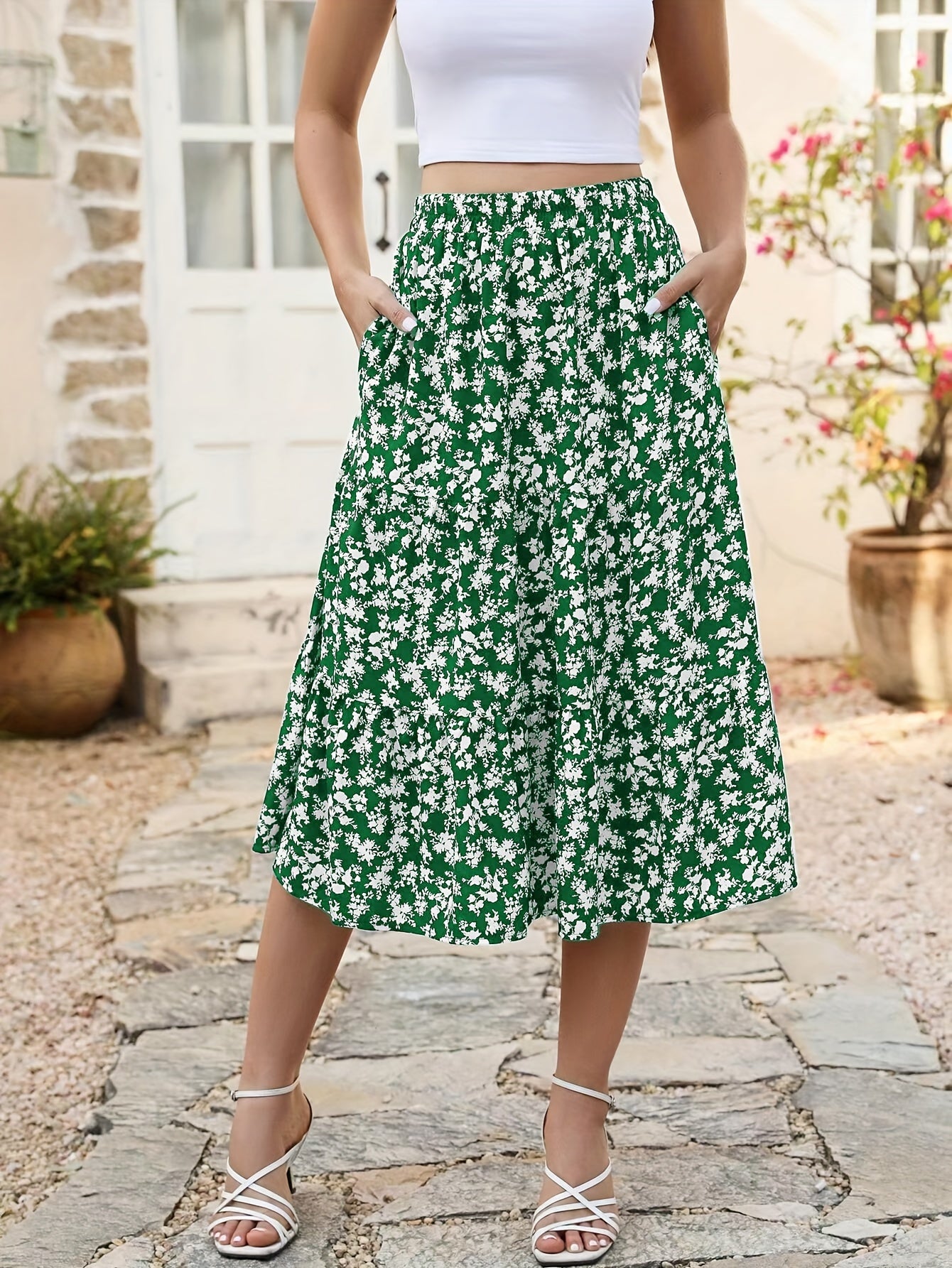 Floral Print Elastic Waist Midi Skirt,