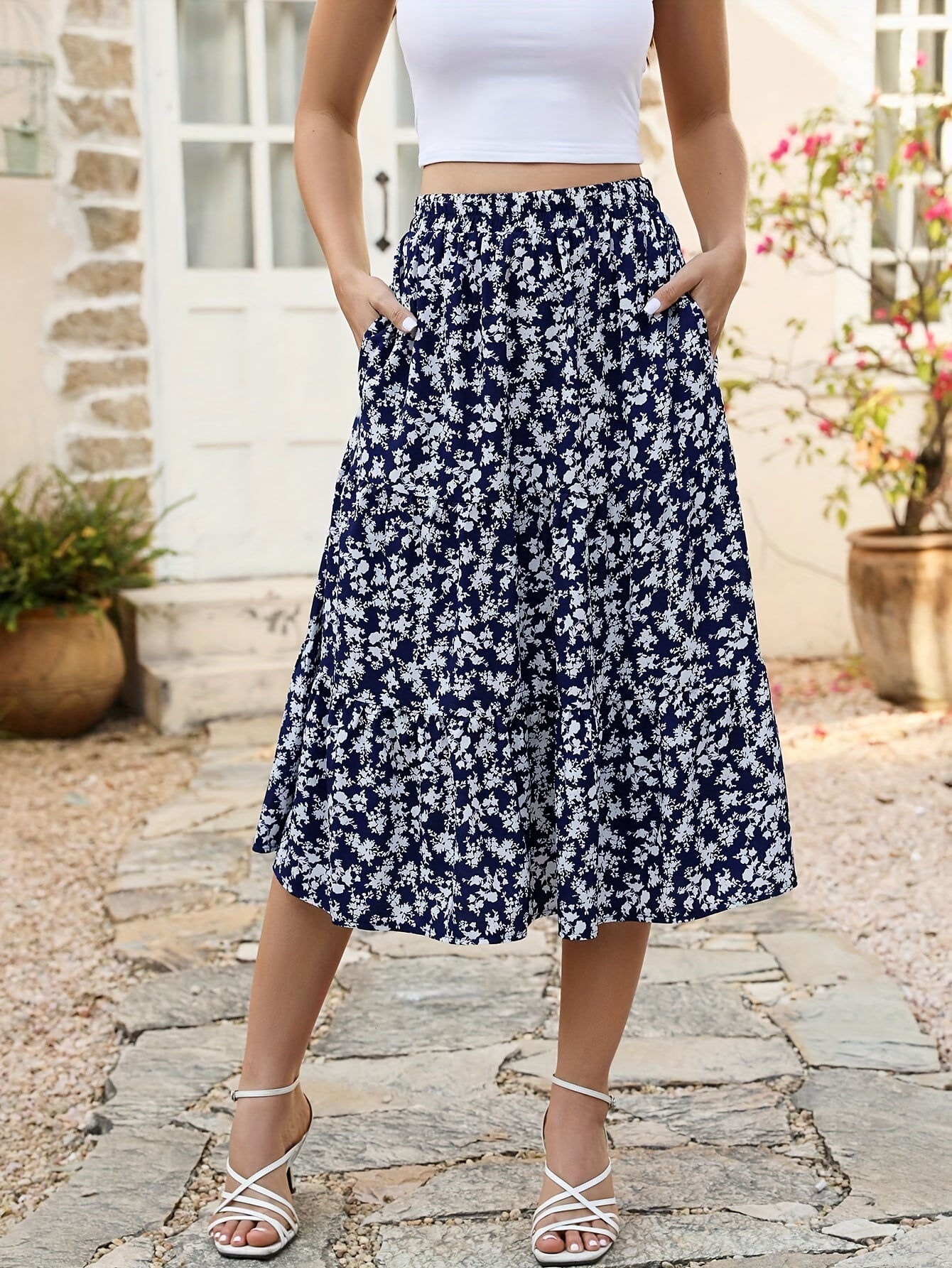 Floral Print Elastic Waist Midi Skirt,