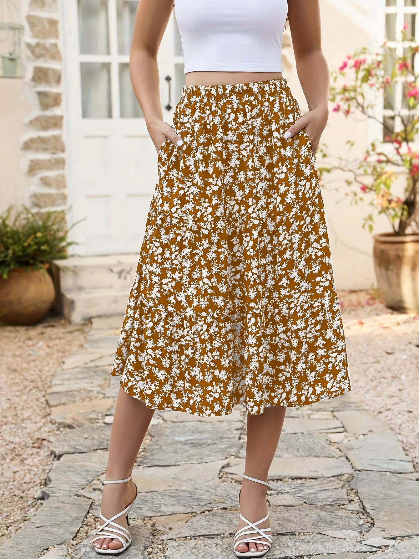 Floral Print Elastic Waist Midi Skirt,