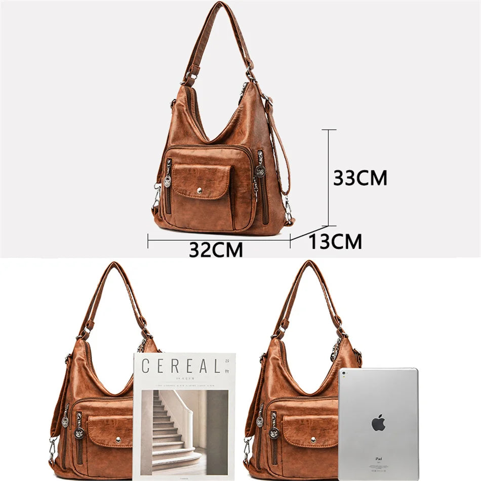 Women Washed PU Leather Travel Backpack