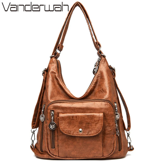 Women Washed PU Leather Travel Backpack