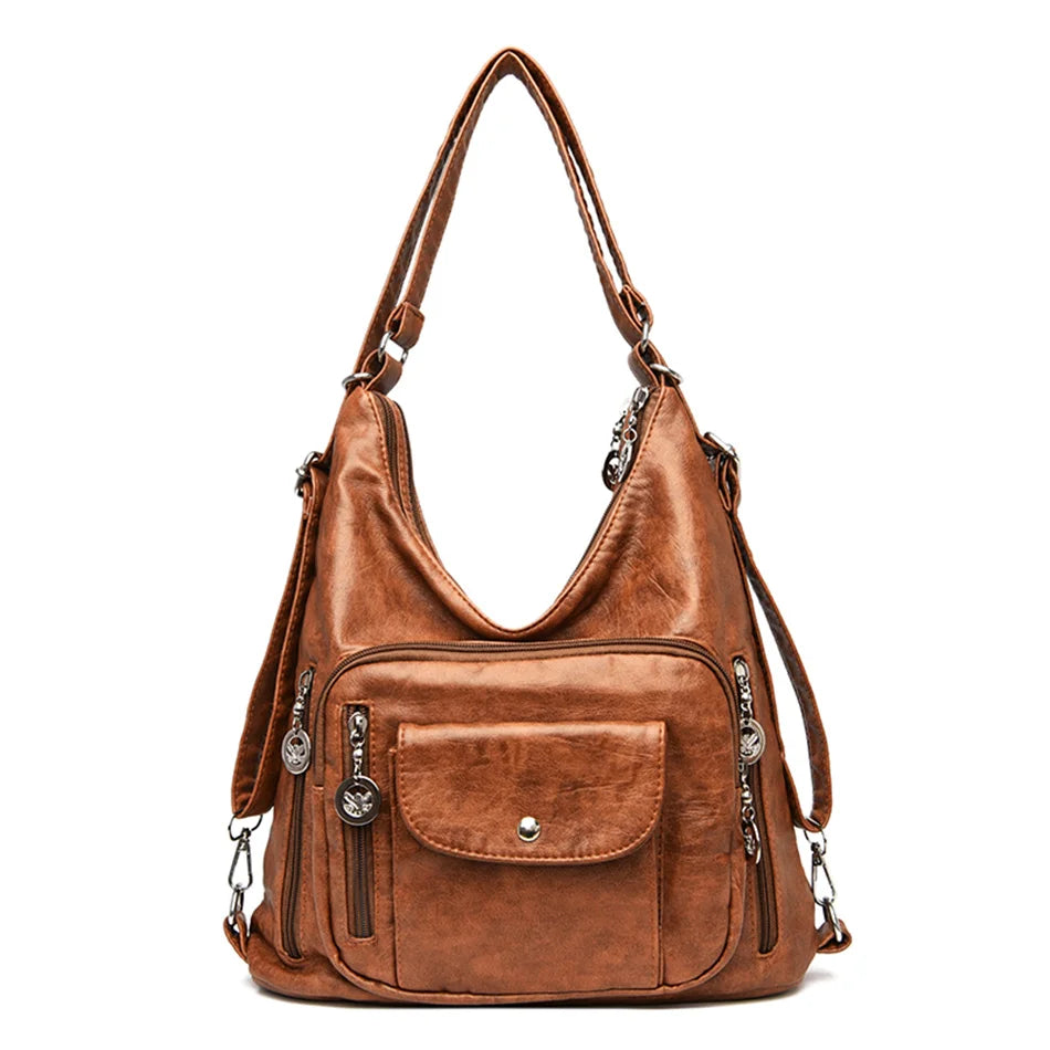 Women Washed PU Leather Travel Backpack