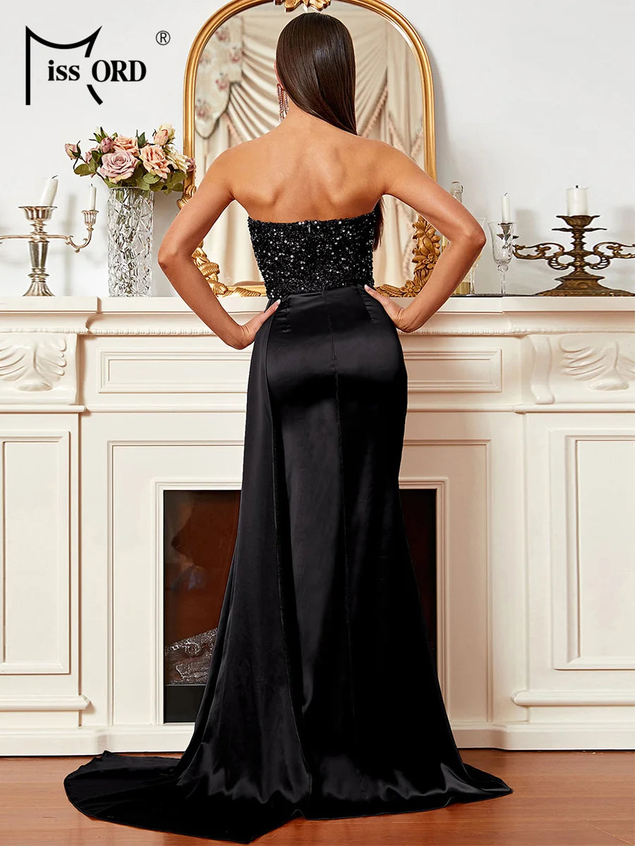 Missord Black Satin Wedding Dress Elegant Women Strapless Sequin