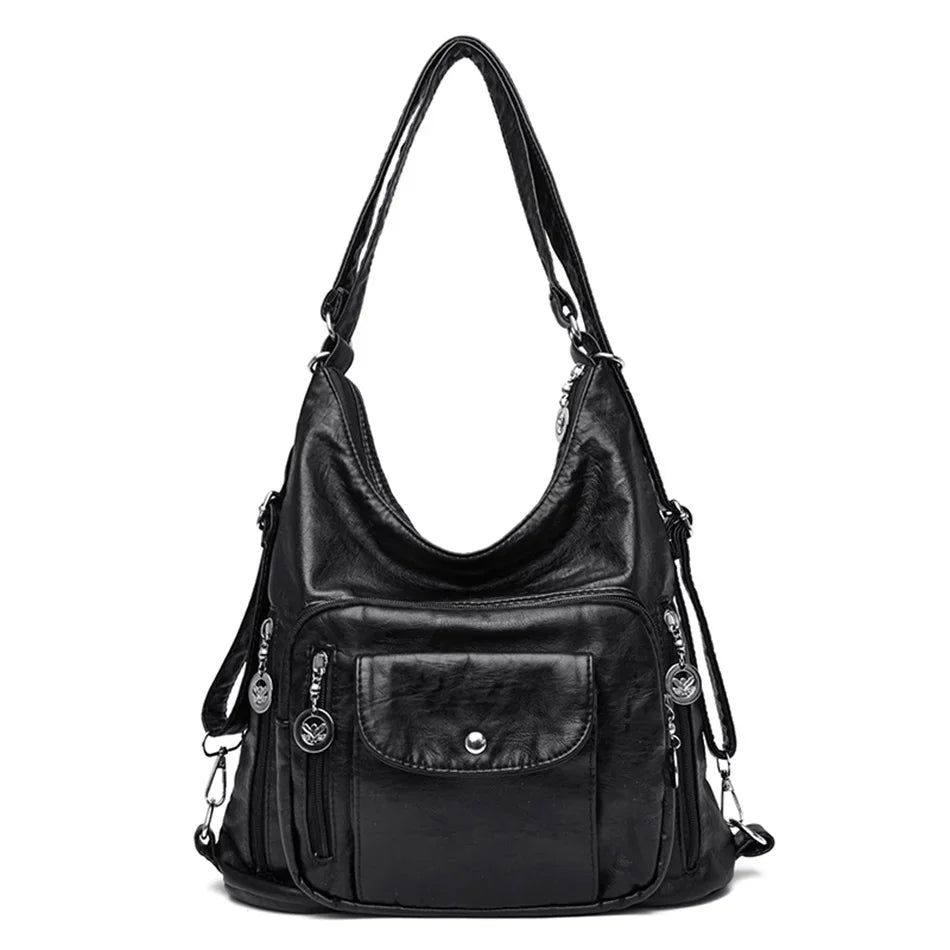 Women Washed PU Leather Travel Backpack