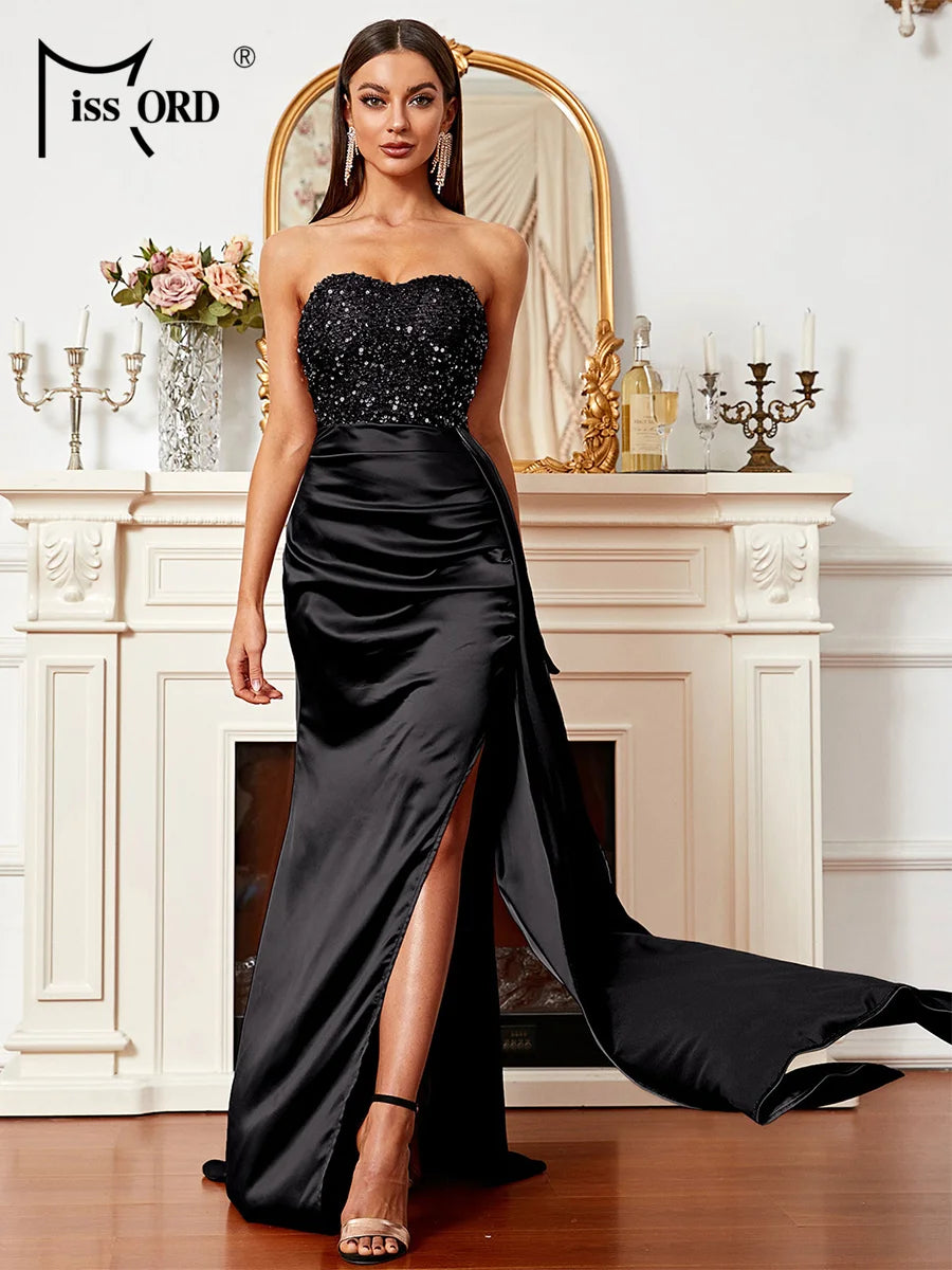 Missord Black Satin Wedding Dress Elegant Women Strapless Sequin