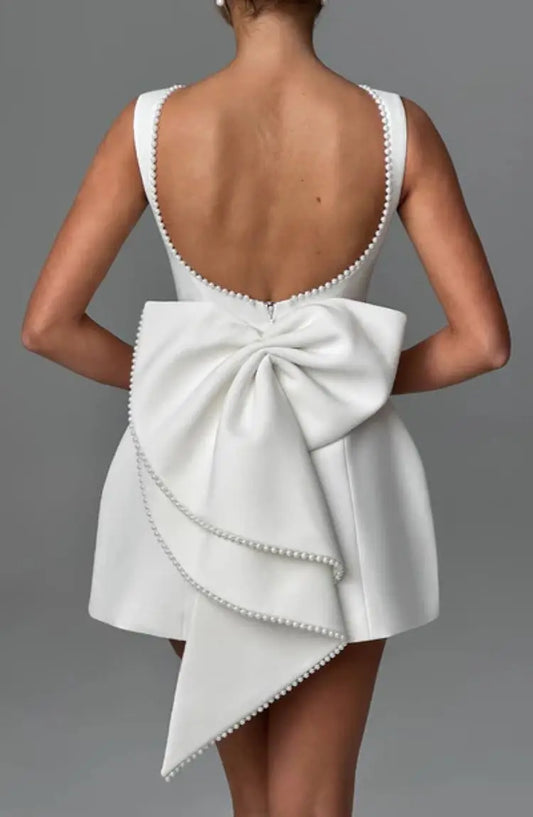 Elegant Pearl Bow Backless Short Dress Women's Sleeveless Party Cute Mini