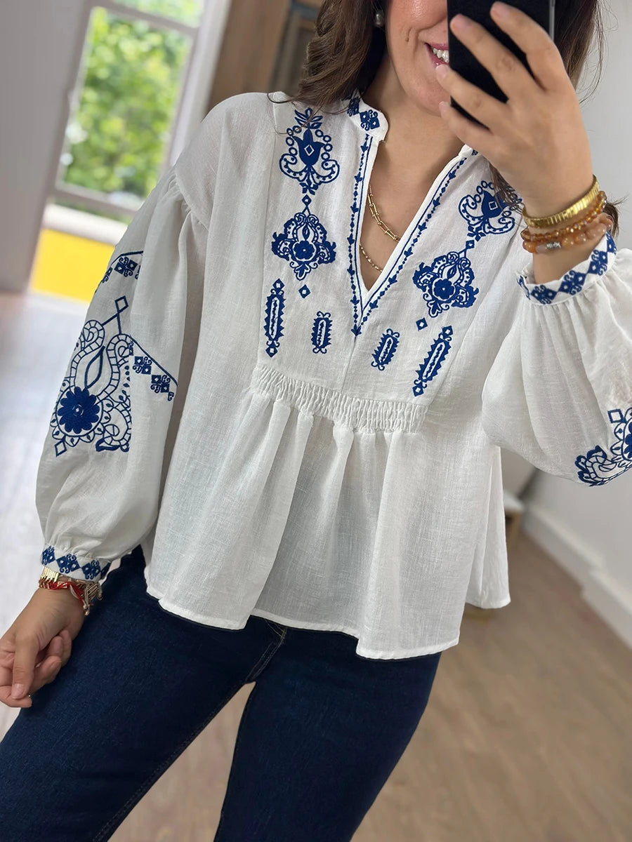 Women s Elegant Floral Embroidered Long Sleeve V-Neck Blouse