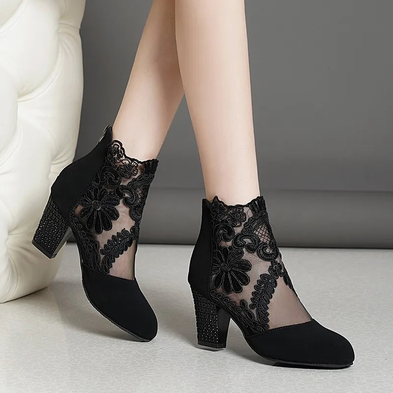 Women's Spring Shoes Ladies Lace Fashion Boots Female High Heels