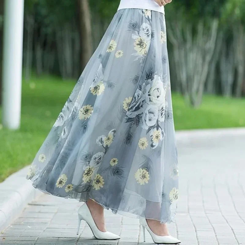 Summer Chiffon Floral Maxi Skirt Women Long High Waist