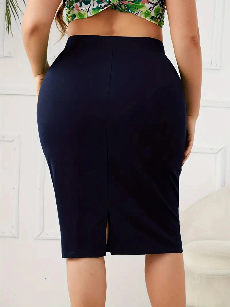 Summer Plus Size Solid Slim Skirt, Casual High Waist Slit Skirt,