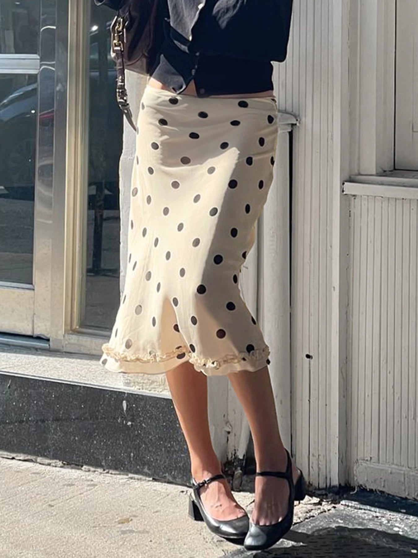 Elegant England Style Dot Print Women Mid-Length Skirt