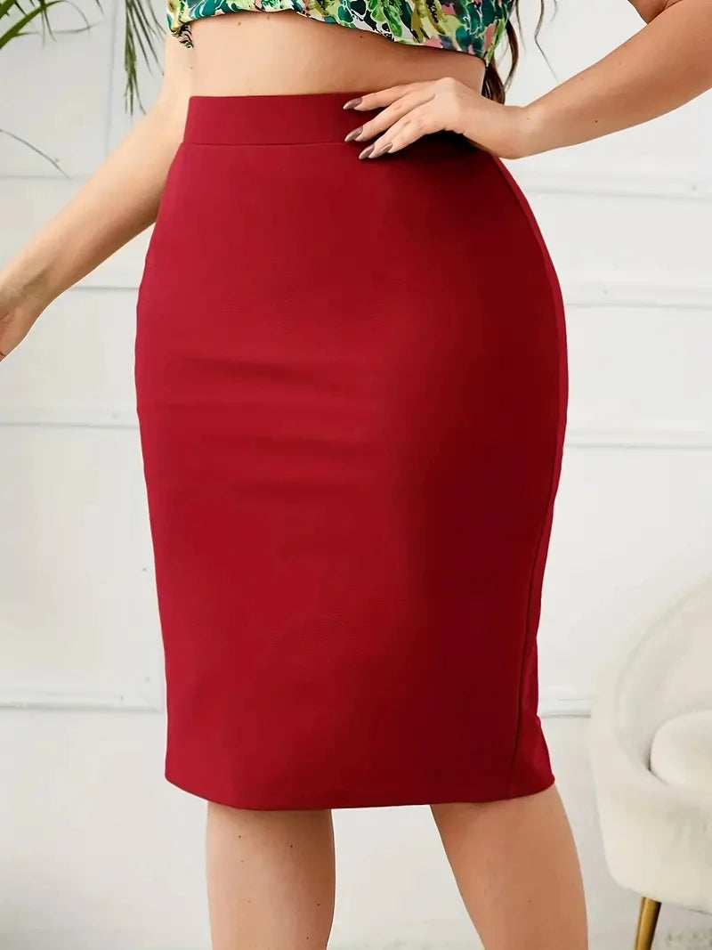 Summer Plus Size Solid Slim Skirt, Casual High Waist Slit Skirt,