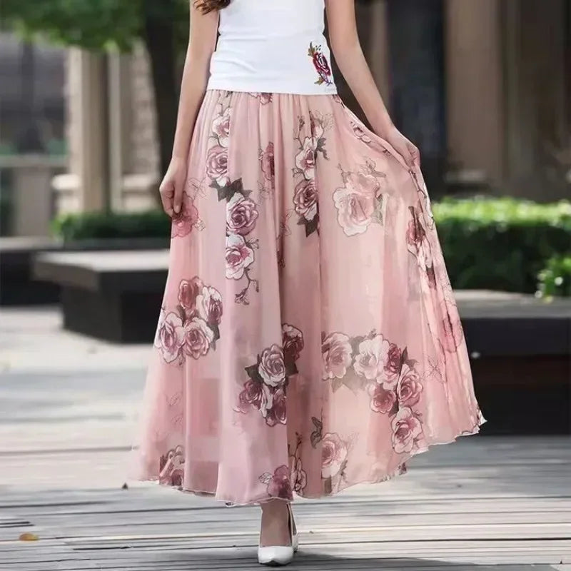 Summer Chiffon Floral Maxi Skirt Women Long High Waist