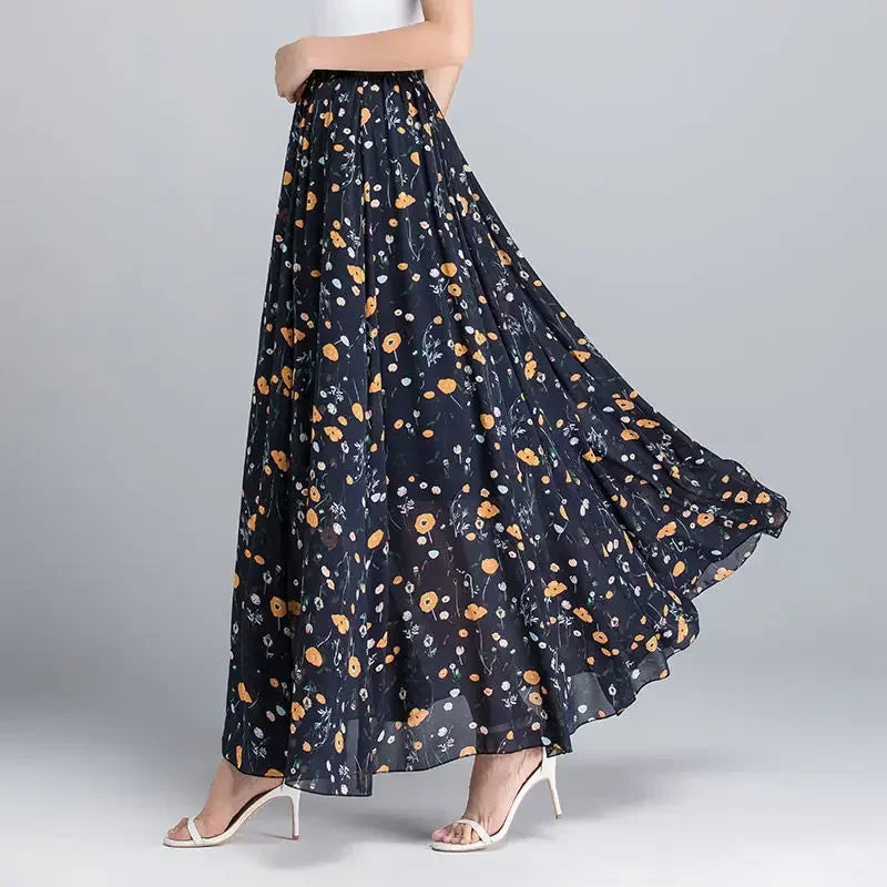 Summer Chiffon Floral Maxi Skirt Women Long High Waist