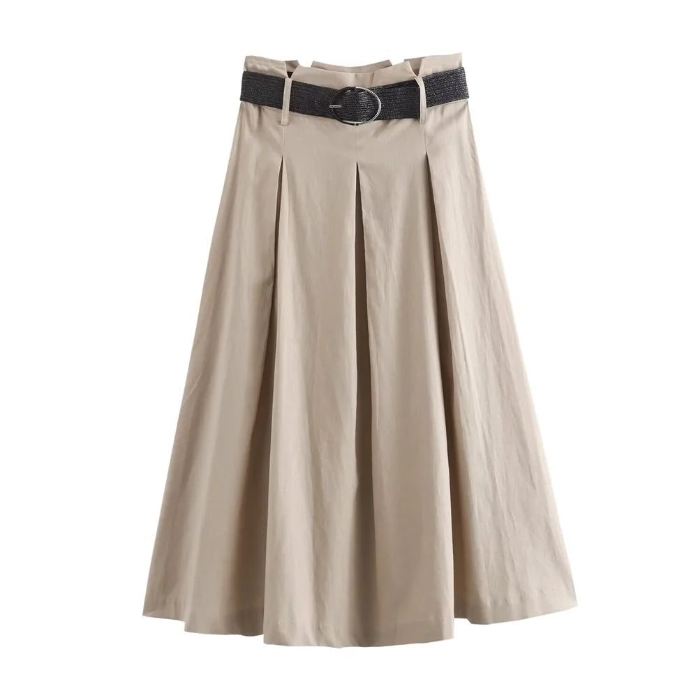 Women's Versatile Casual Belt with  High Waist Midi Skirt