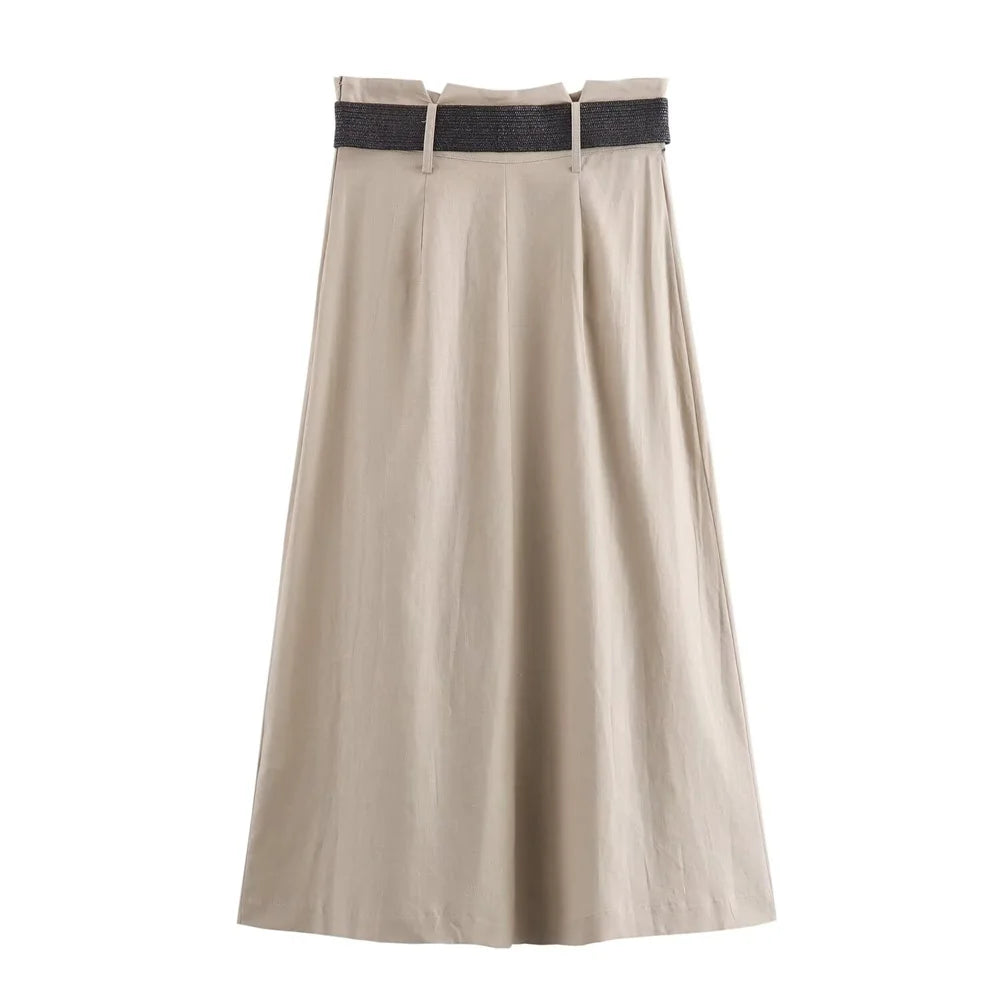 Women's Versatile Casual Belt with  High Waist Midi Skirt