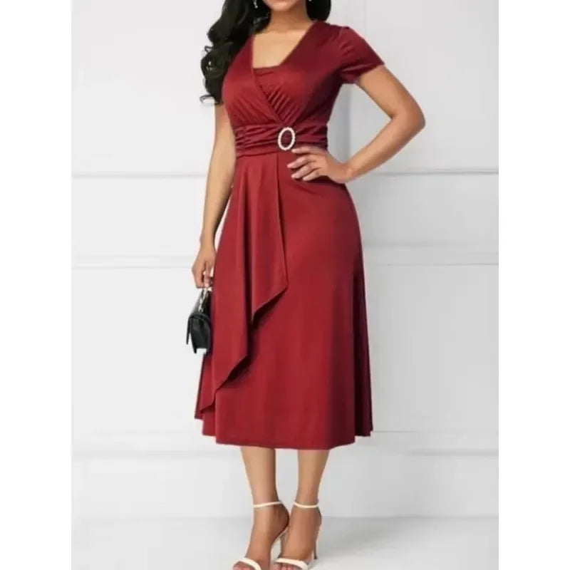 Elegant Women Dresses Solid Color V-Neck