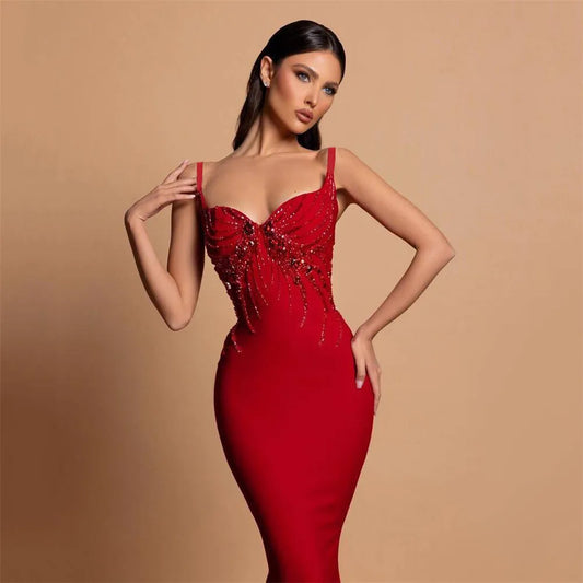 Women Sexy Beading Spaghetti Strap Bandage Dress Bodycon