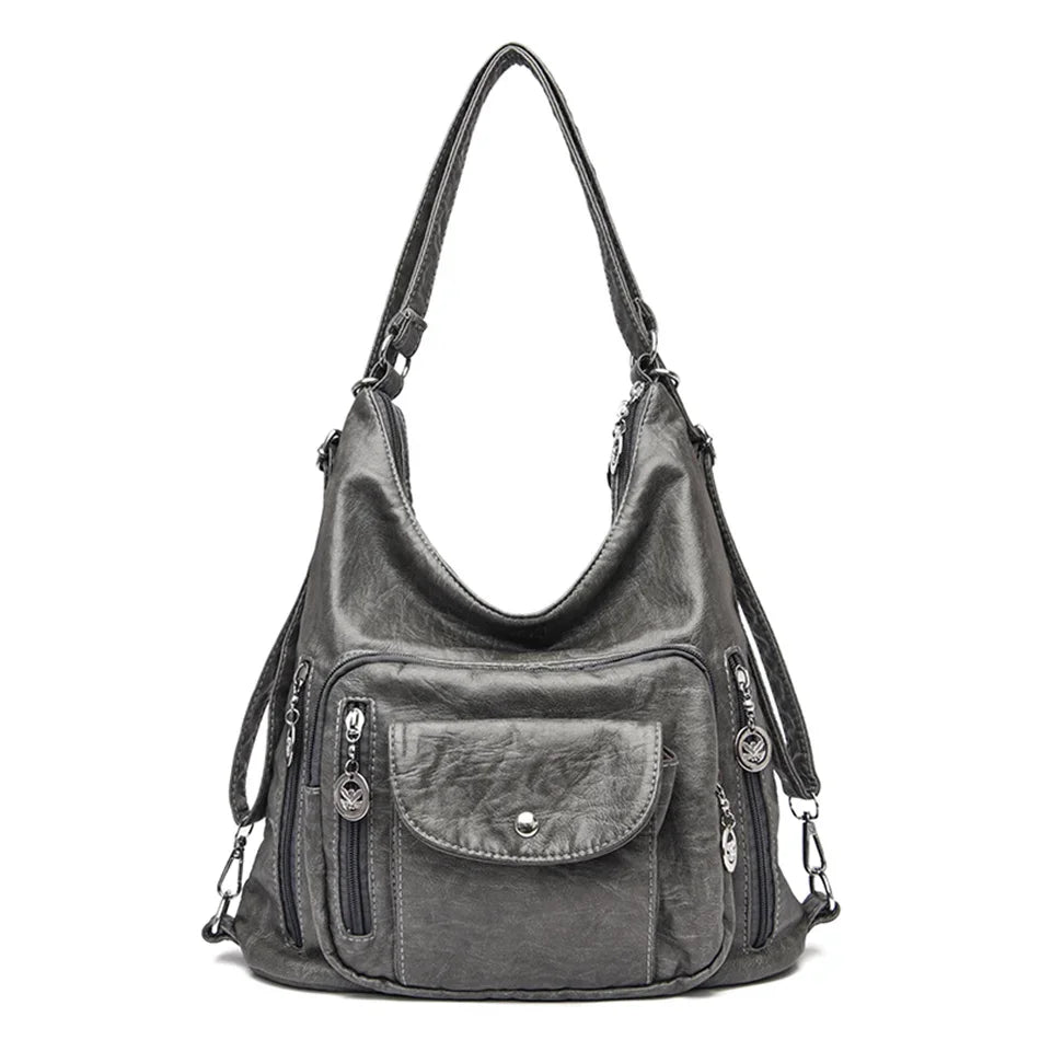 Women Washed PU Leather Travel Backpack