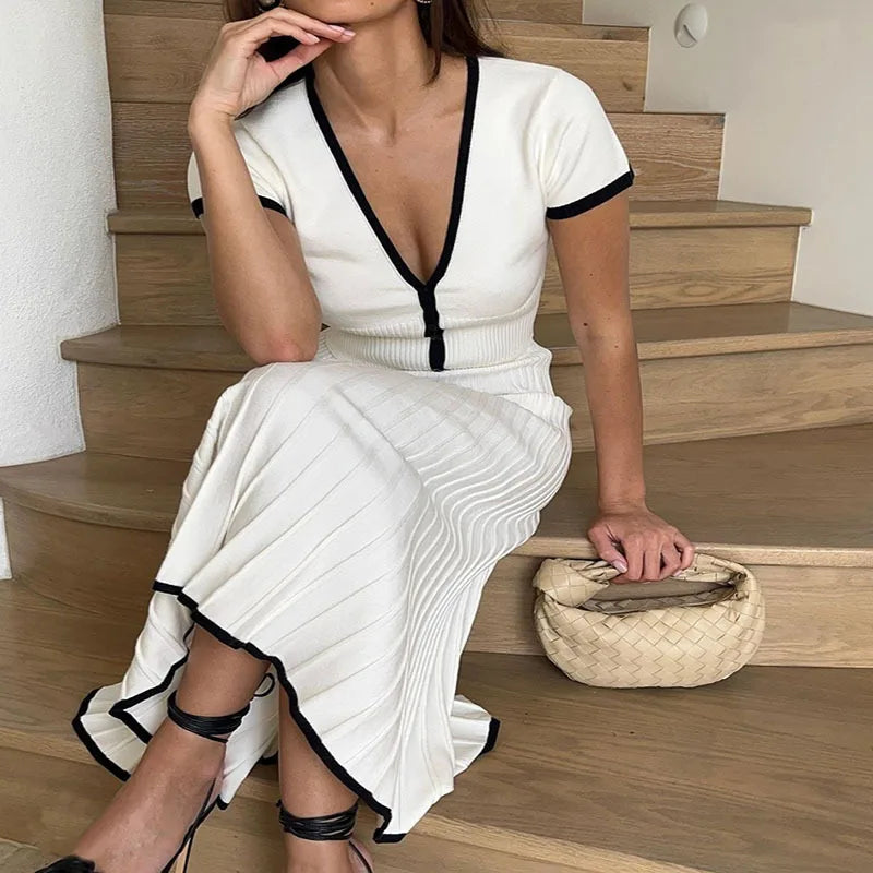 Summer Women White long Skirt Suit Short Sleeve V-neck