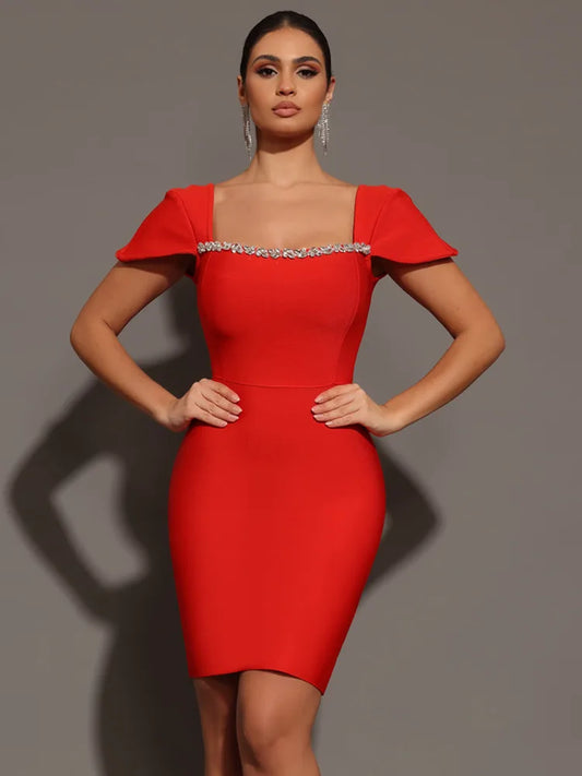 Women Celebrity Sexy Square Collar Black Red Mini Bodycon