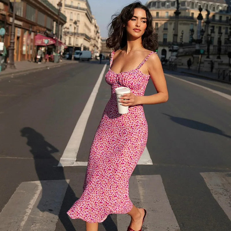 Elegant Pink Floral Print Midi Dress Sexy Casual Suspenders