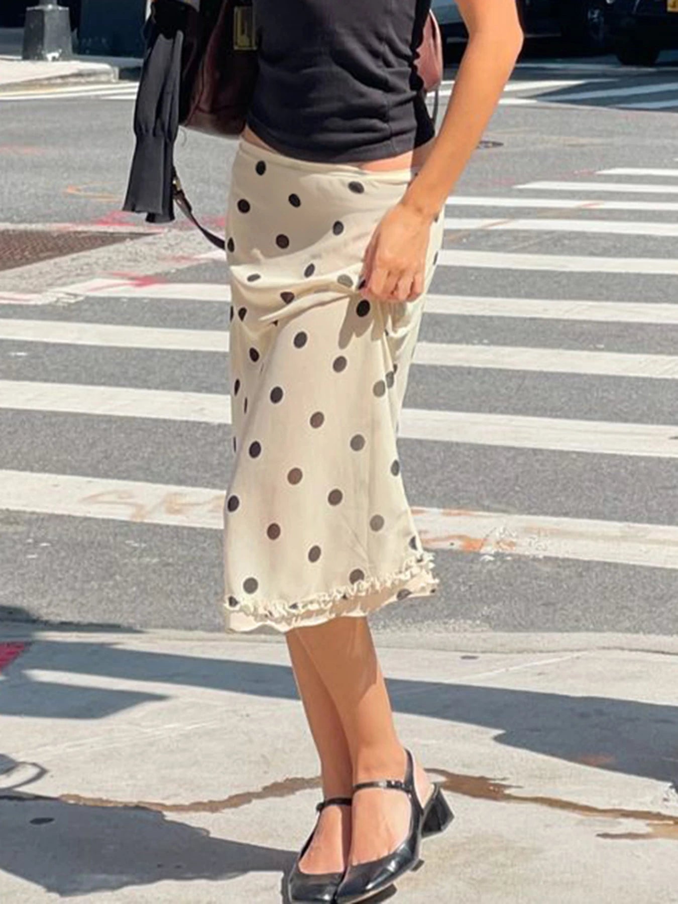 Elegant England Style Dot Print Women Mid-Length Skirt