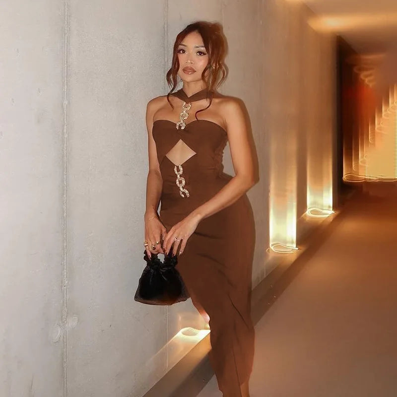 Novelty Sexy Womens Metal Hollow Out Brown Long Dress