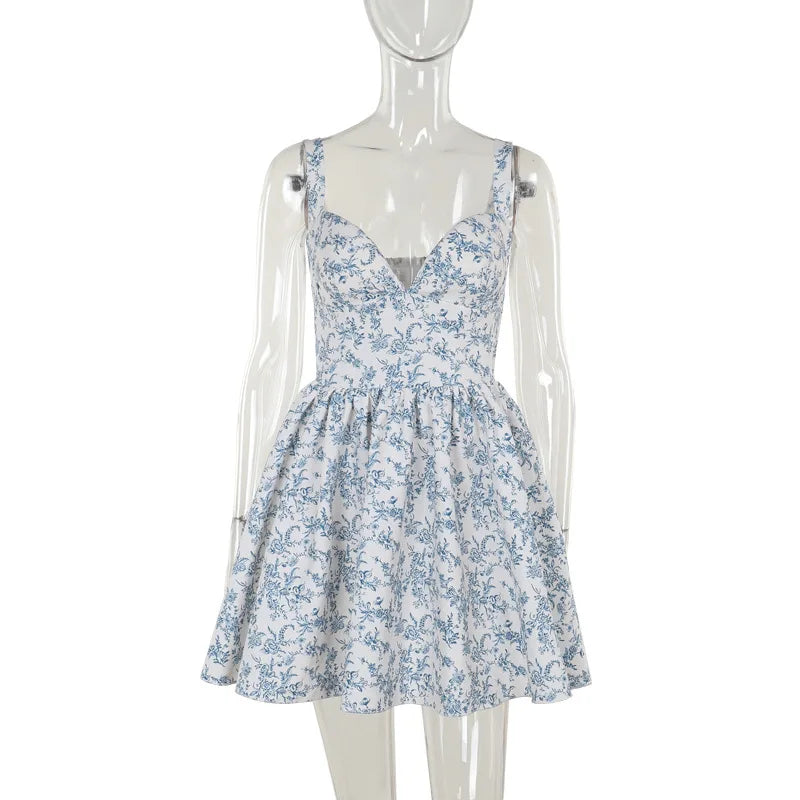 Elegant Blue Floral Print Sling Short Dress Sexy Vintage Casual A-line Court Dresses