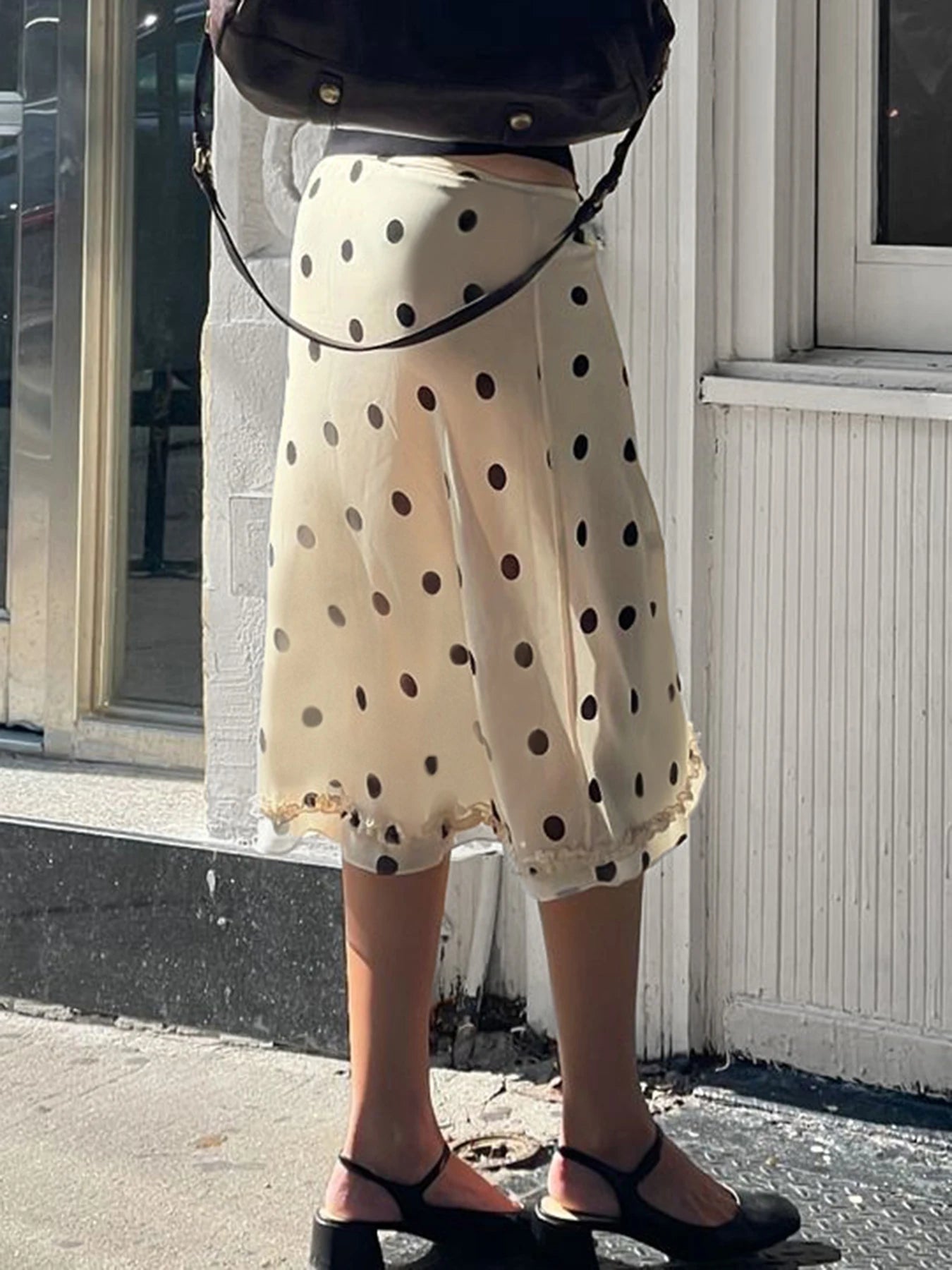 Elegant England Style Dot Print Women Mid-Length Skirt