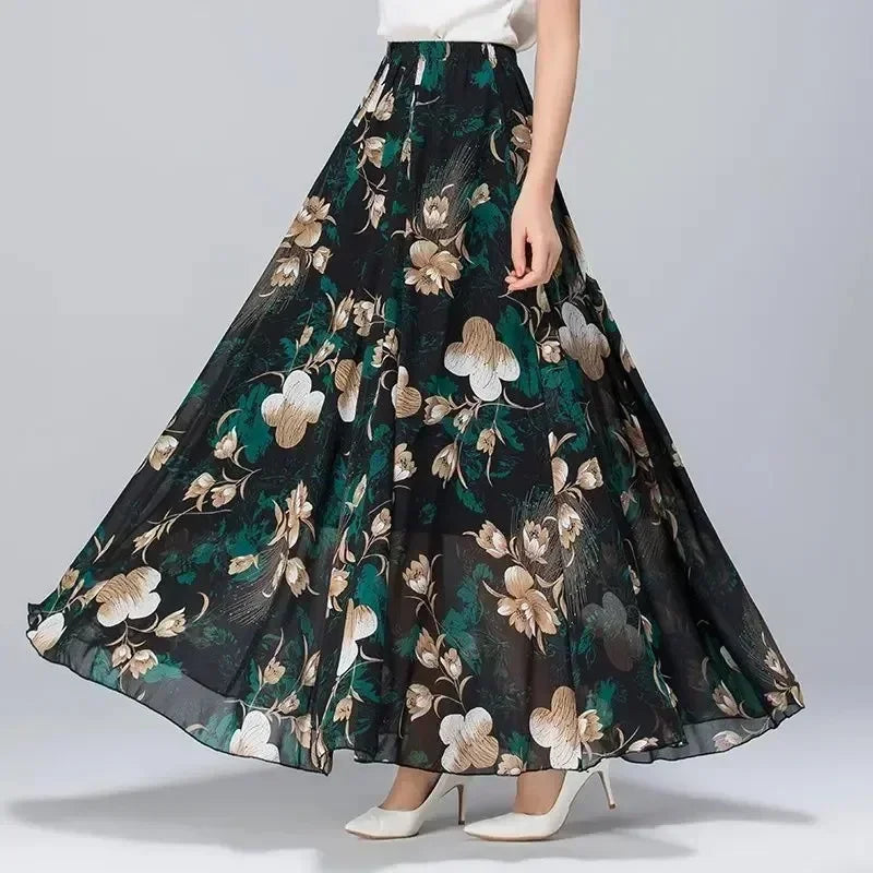 Summer Chiffon Floral Maxi Skirt Women Long High Waist