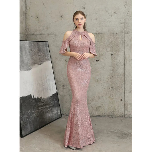 Fashion Chic Pink Sequined Women Prom Dresses Trumpet Slim Fit