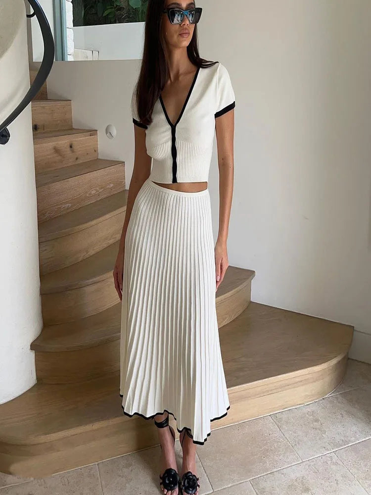 Summer Women White long Skirt Suit Short Sleeve V-neck