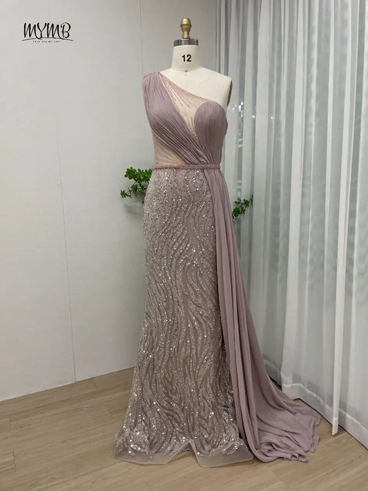 MYMB Pink Elegant One Shoulder Beaded Evening Dresses