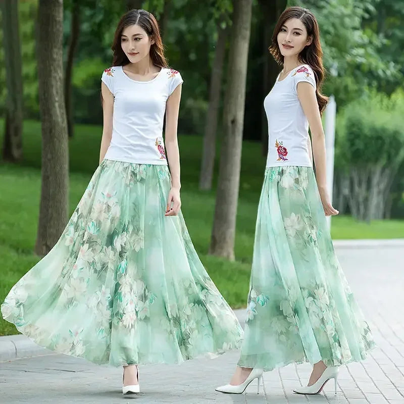 Summer Chiffon Floral Maxi Skirt Women Long High Waist