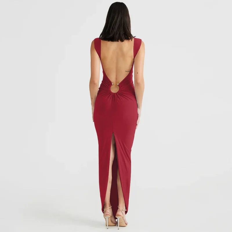 Sexy Backless Ruched Slit Long Dress Women's Sleeveless Curvy Casual