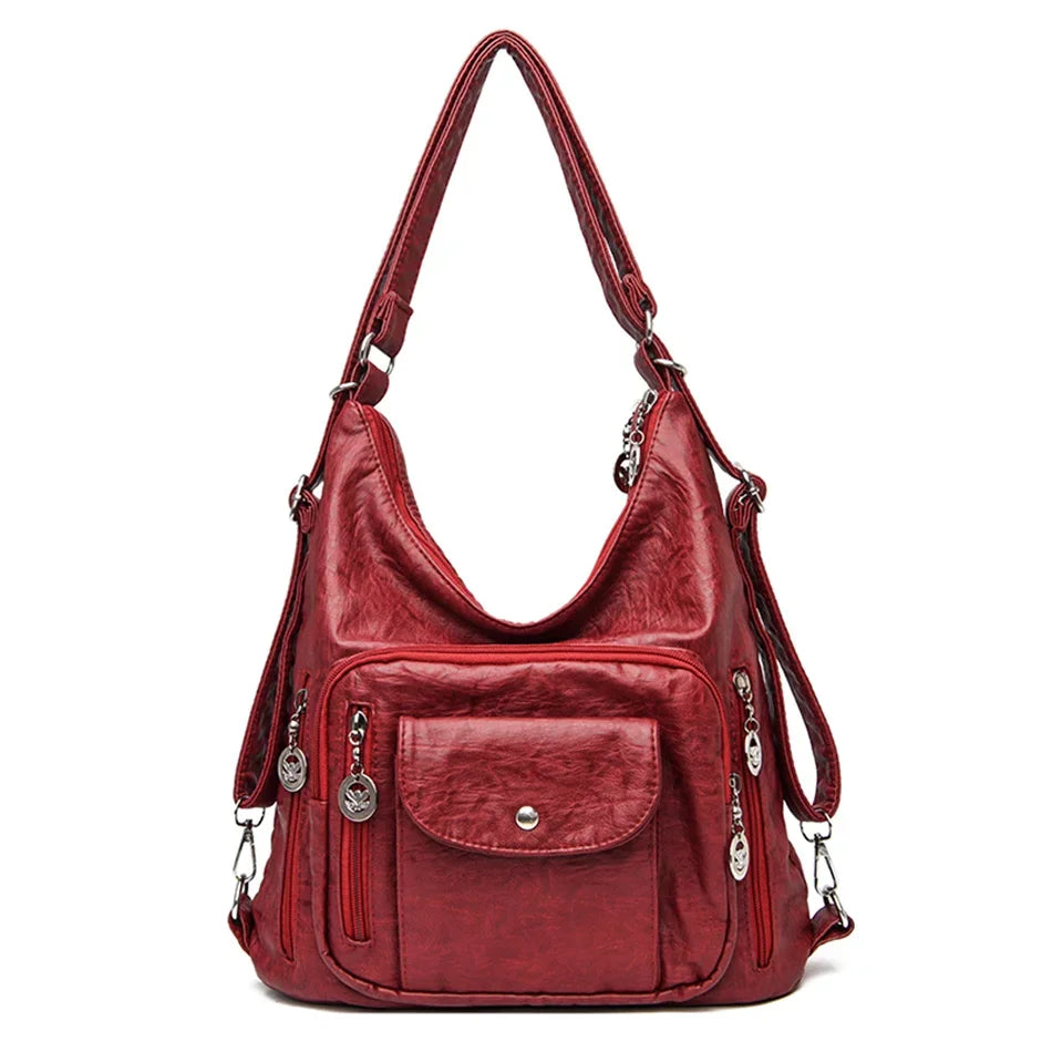 Women Washed PU Leather Travel Backpack