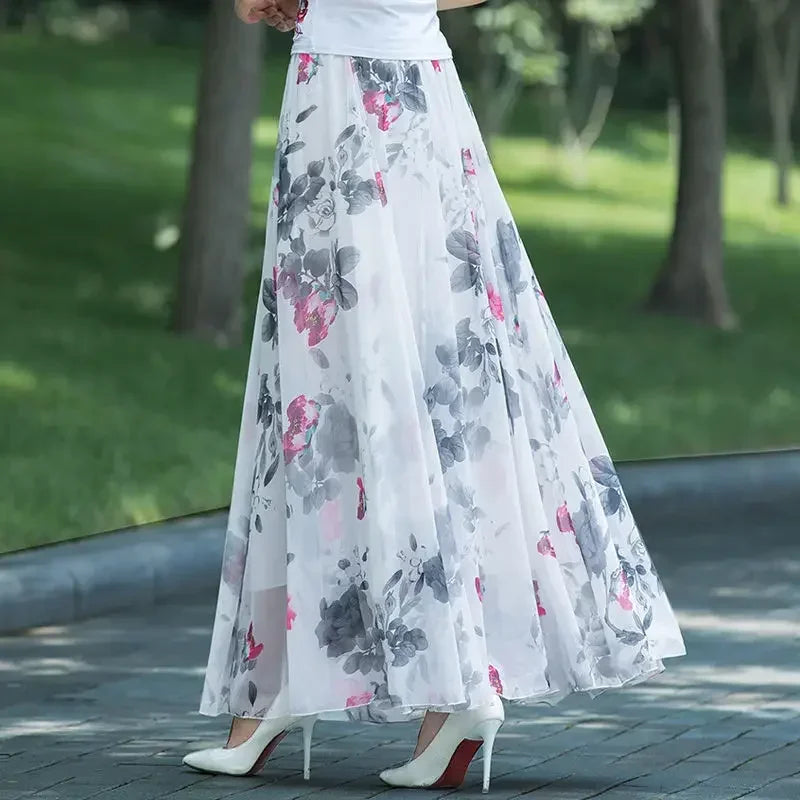 Summer Chiffon Floral Maxi Skirt Women Long High Waist