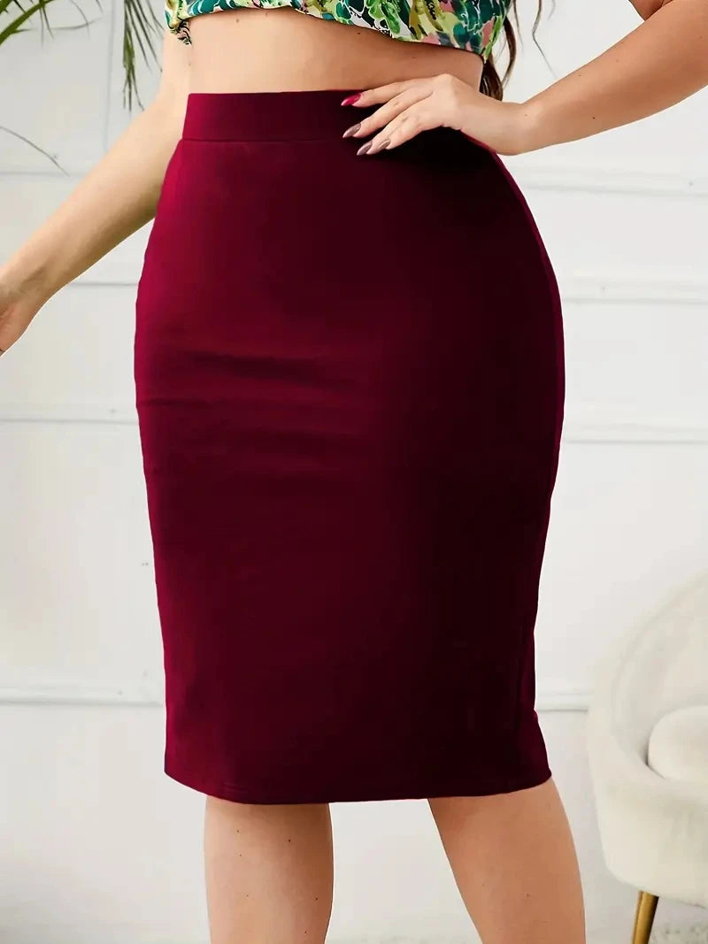 Summer Plus Size Solid Slim Skirt, Casual High Waist Slit Skirt,