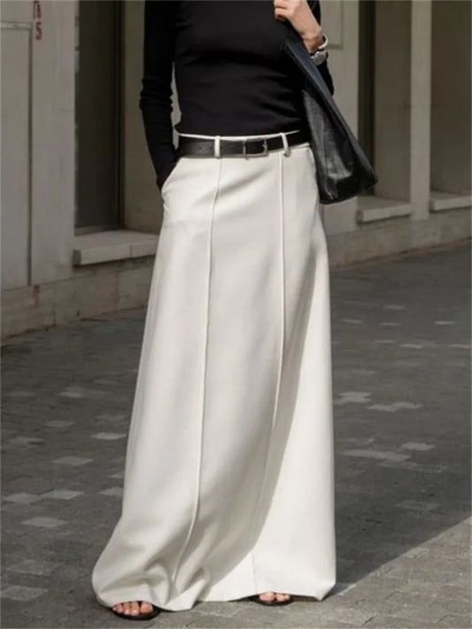 Tossy White High Waist Patchwork Long Skirt For Women Loose Casual Pocket Elegant