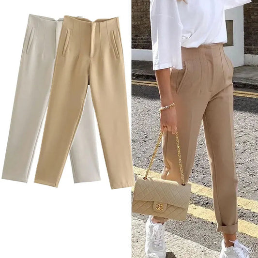 Women Elegant Solid Pencil Pants High Waist