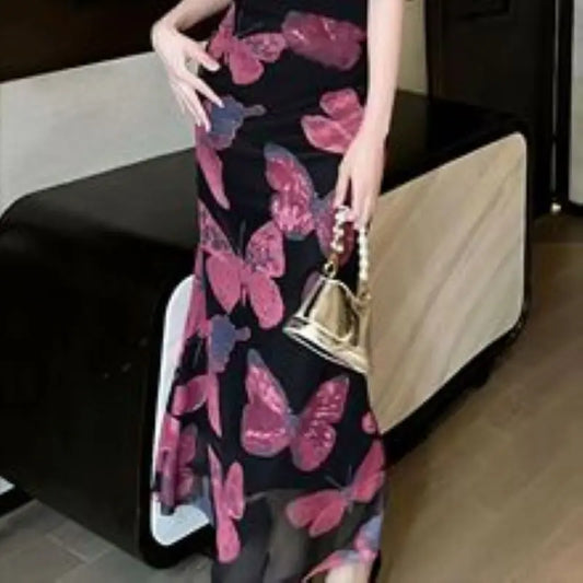 Elegant Women's Butterfly Print Casual Mesh Long Skirt High Waist