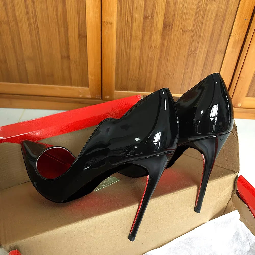 Elegant Glossy Black Curl Cut Women Pointy Toe