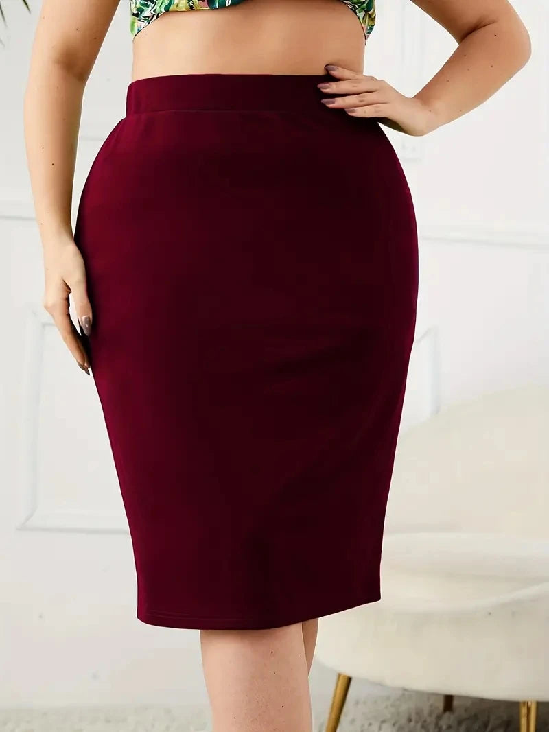 Summer Plus Size Solid Slim Skirt, Casual High Waist Slit Skirt,