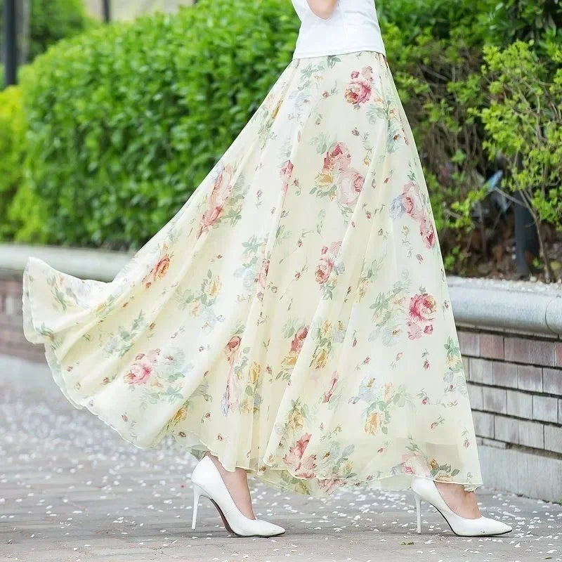 Summer Chiffon Floral Maxi Skirt Women Long High Waist