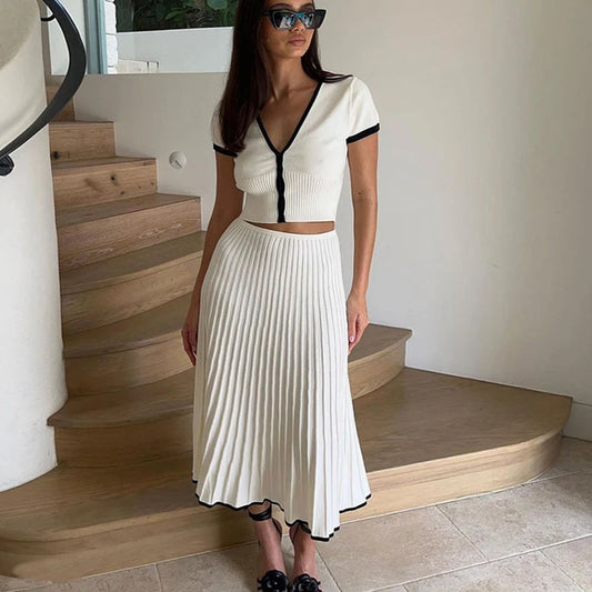 Summer Women White long Skirt Suit Short Sleeve V-neck