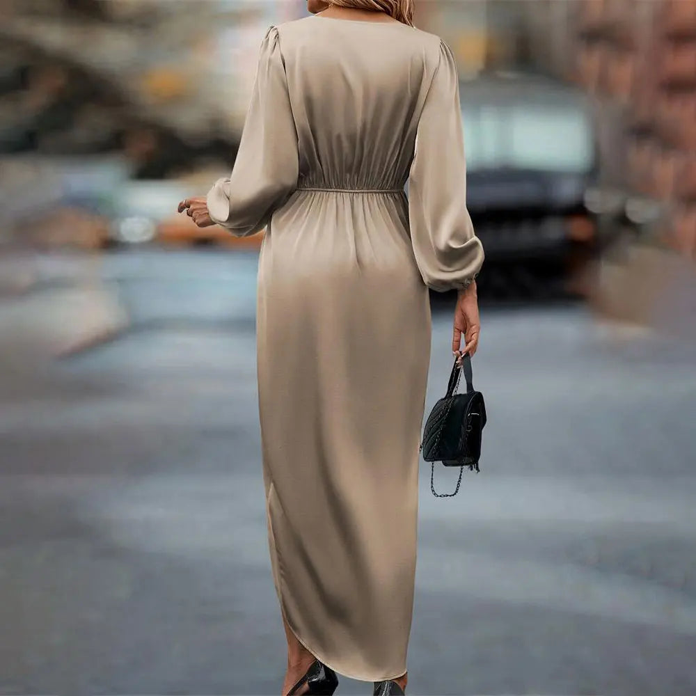 Long Dress Elegant Round Neck Satin Long Sleeve Office Lady