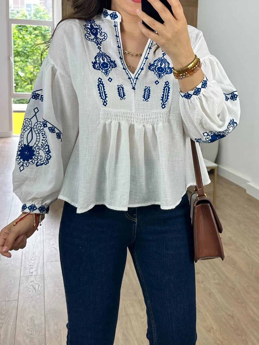 Women s Elegant Floral Embroidered Long Sleeve V-Neck Blouse