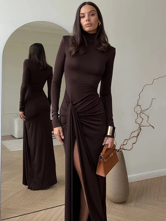 Turtleneck Thigh High Split Sexy Maxi Dress